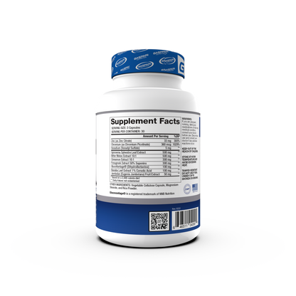 Back view of Proven GDA - Glucose Disposal Agent by Gaspari Nutrition showing supplement facts and dosage information.