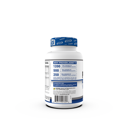 Side view of Gaspari Nutrition PROVEN JOINT supplement bottle highlighting key ingredients and their dosages such as glucosamine and turmeric.