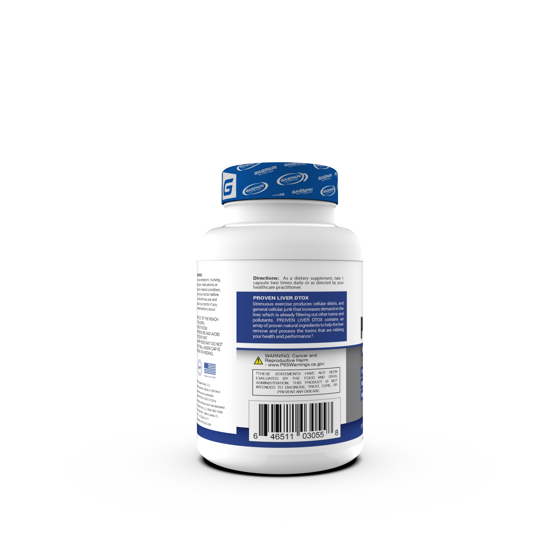 Back view of the Proven Liver DTOX supplement bottle from Gaspari Nutrition, displaying product information and directions for use.