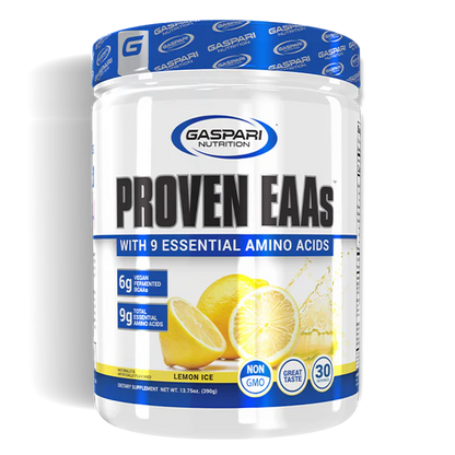 Proven EAAs supplement by Gaspari Nutrition featuring 9 essential amino acids with a vibrant lemon ice flavor.
