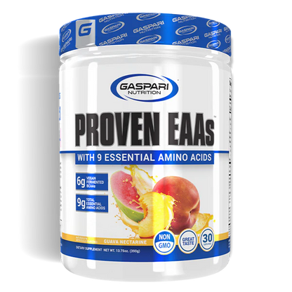 Proven EAAs supplement in guava nectarine flavor highlighted with clear graphics on the container.