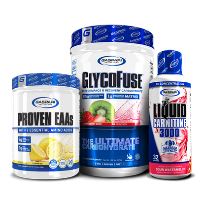 Colorful grouping of Proven EAAs in guava nectarine, GlycoFuse in strawberry kiwi, and Liquid L-Carnitine in blue raspberry flavor.