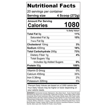 Nutritional facts label for Gaspari Nutrition Real Mass weight gainer, detailing calories and macronutrients designed for optimal weight gain.