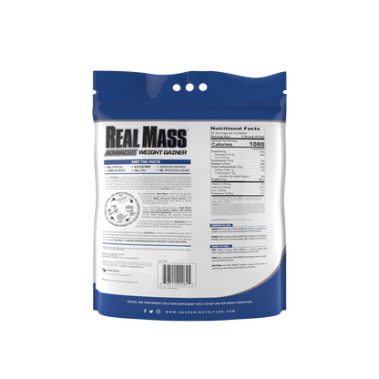 Back view of Gaspari Nutrition Real Mass weight gainer 12 lb bag, highlighting nutritional facts and benefits, designed for advanced weight gain.