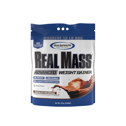 Gaspari Nutrition Real Mass weight gainer in a massive 12 lb bag, featuring chocolate milkshake flavor with 50 grams of protein and 1080 calories.