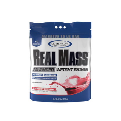 Gaspari Nutrition Real Mass weight gainer in a 12 lb bag showcasing strawberry milkshake flavor, perfect for those looking to gain weight with delicious options.