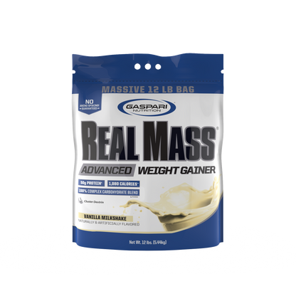 Gaspari Nutrition Real Mass weight gainer in a 12 lb bag with vanilla milkshake flavor, providing high protein and calorie content for effective weight gain.