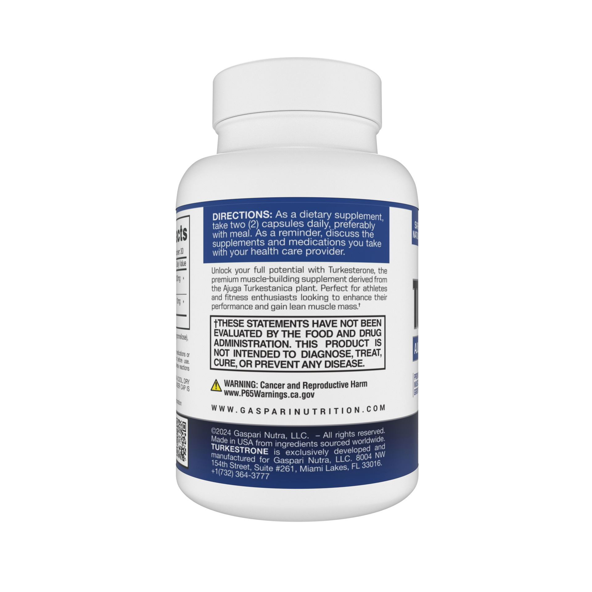 Gaspari Nutrition Turkesterone supplement bottle showcasing Ajuga Turkestanica Extract, promoting muscle growth and athletic performance.