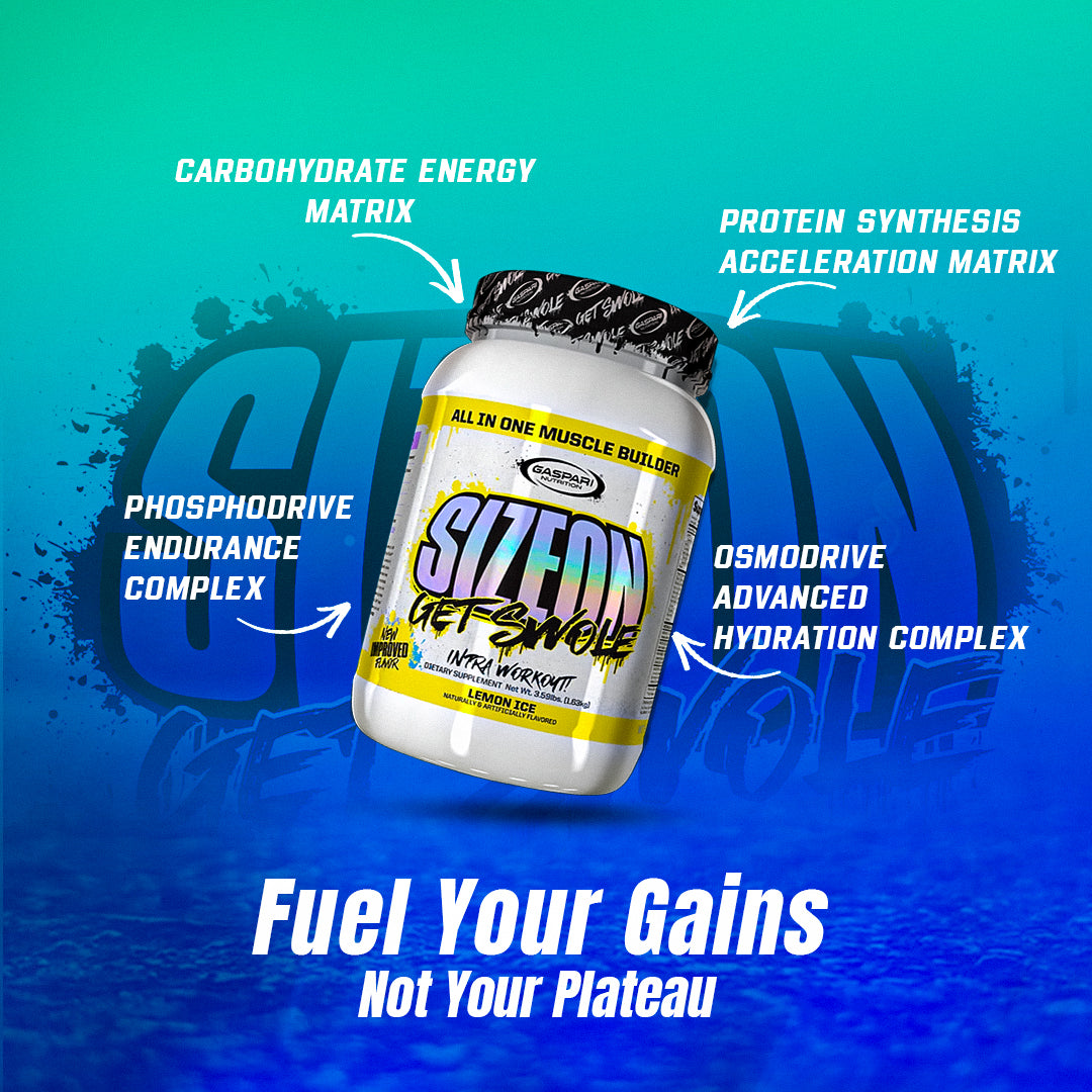 Promotional graphic highlighting key benefits of SizeOn Get Swole, an Intra-Workout muscle builder.