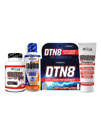 Gaspari Nutrition Summer Shred Stack featuring Cytolean Nighttime PM, Liquid Carnitine 3000, DTN8 Explosive Fat Burner, and Cytolean Thermogenic Workout Cream, designed to support summer fitness goals.