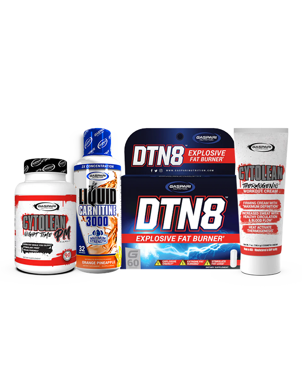 Gaspari Nutrition Summer Shred Stack featuring Cytolean Nighttime PM, Liquid Carnitine 3000, DTN8 Explosive Fat Burner, and Cytolean Thermogenic Workout Cream, designed to support summer fitness goals.