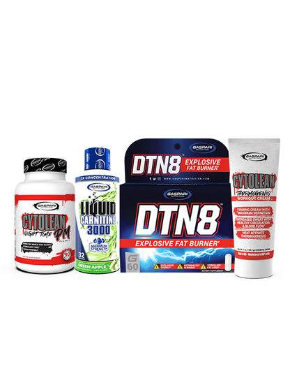 Gaspari Nutrition Summer Shred Stack showcasing Cytolean Nighttime PM, Liquid Carnitine 3000 in Green Apple, DTN8 Explosive Fat Burner, and Cytolean Thermogenic Workout Cream, ideal for weight loss.