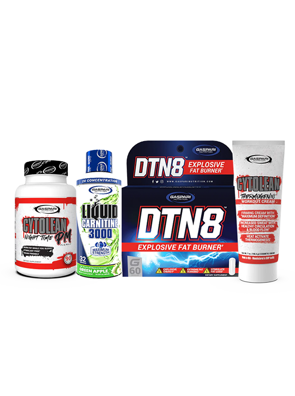 Gaspari Nutrition Summer Shred Stack showcasing Cytolean Nighttime PM, Liquid Carnitine 3000 in Green Apple, DTN8 Explosive Fat Burner, and Cytolean Thermogenic Workout Cream, ideal for weight loss.
