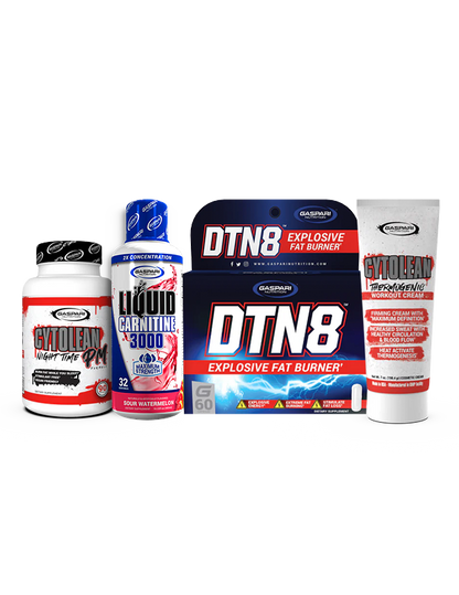 Gaspari Nutrition Summer Shred Stack with Cytolean Nighttime PM, Liquid Carnitine 3000 in Sour Watermelon, DTN8 Explosive Fat Burner, and Cytolean Thermogenic Workout Cream for effective fat burning.