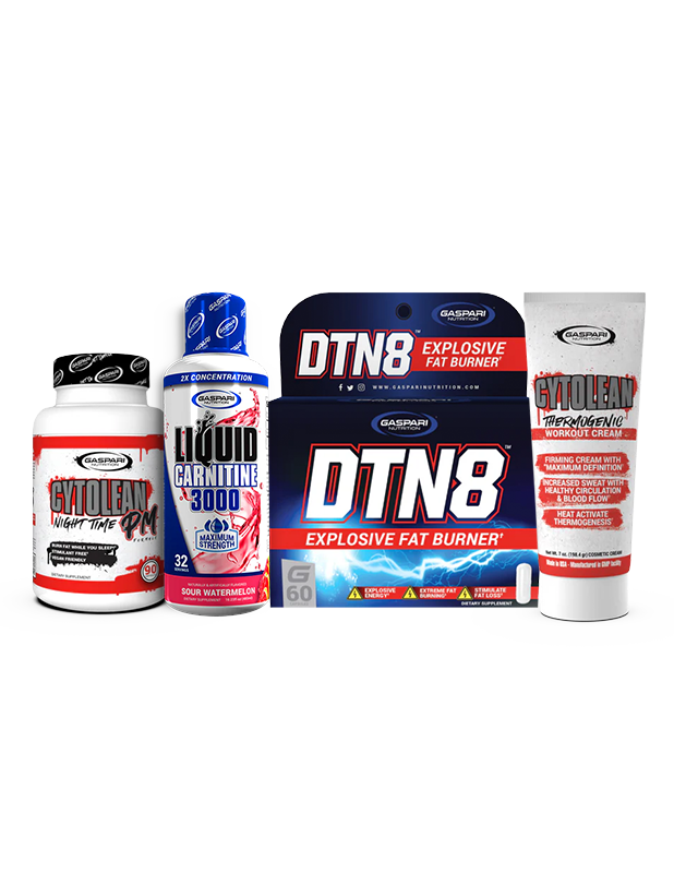 Gaspari Nutrition Summer Shred Stack with Cytolean Nighttime PM, Liquid Carnitine 3000 in Sour Watermelon, DTN8 Explosive Fat Burner, and Cytolean Thermogenic Workout Cream for effective fat burning.