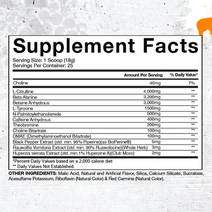 Supplement facts for Gaspari Nutrition Super Pump Aggression pre-workout, listing ingredients and their amounts per serving.