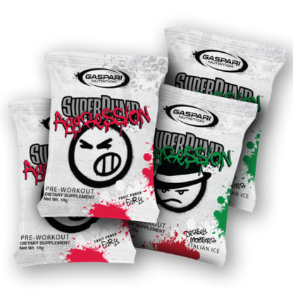 A collection of SuperPump Aggression sample sachets from Gaspari Nutrition, featuring vibrant graphic designs and flavors like Fruit Punch Fury, Gangsta Grape, and Grizzly Gummy, stacked on a black background.