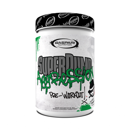 Gaspari Nutrition Super Pump Aggression pre-workout container with graffiti-style design and "Cucumber Lime" flavor.
