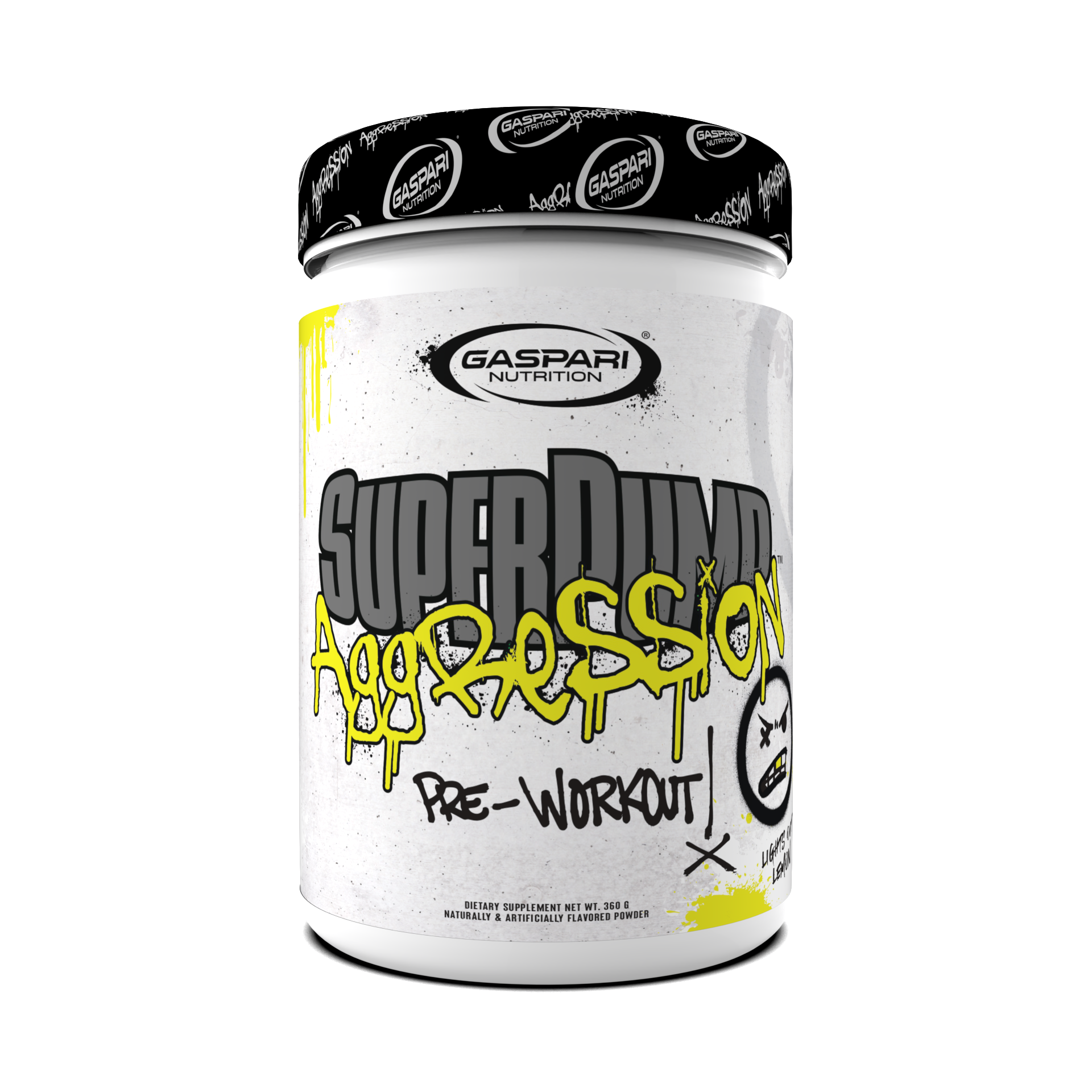 Gaspari Nutrition Super Pump Aggression pre-workout container with graffiti-style design and "Lemon" flavor.