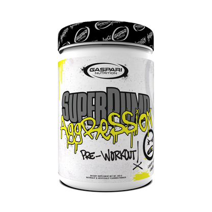 Gaspari Nutrition Super Pump Aggression pre-workout container with graffiti-style design and "Lemon" flavor.