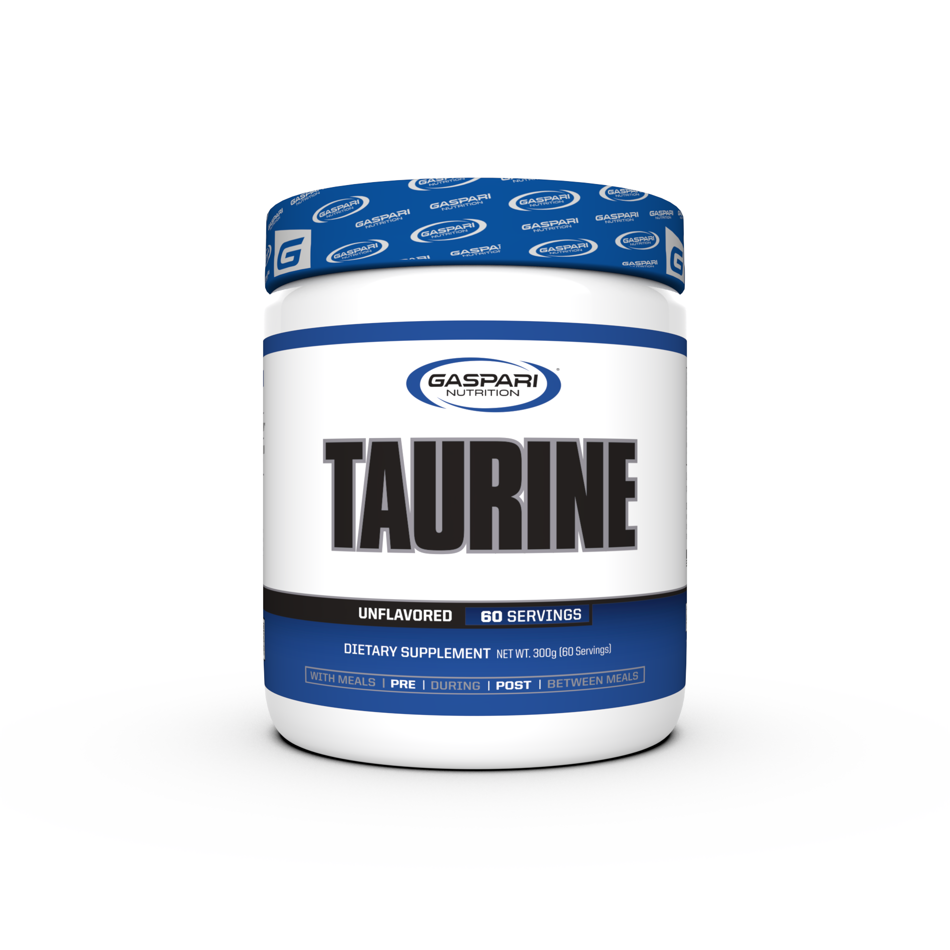 Gaspari Nutrition Taurine supplement container, unflavored, designed to optimize hydration and performance with 60 servings of taurine.
