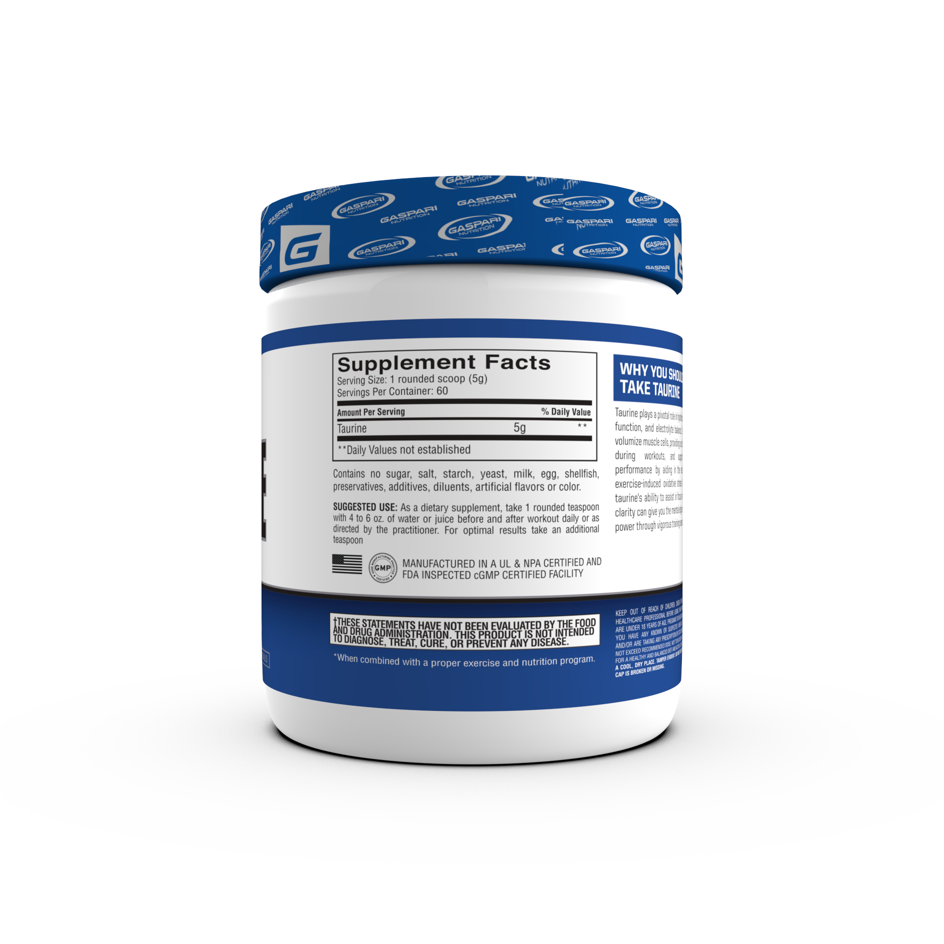 Supplement facts label for Gaspari Nutrition Taurine, highlighting the benefits of taurine for hydration and performance optimization.
