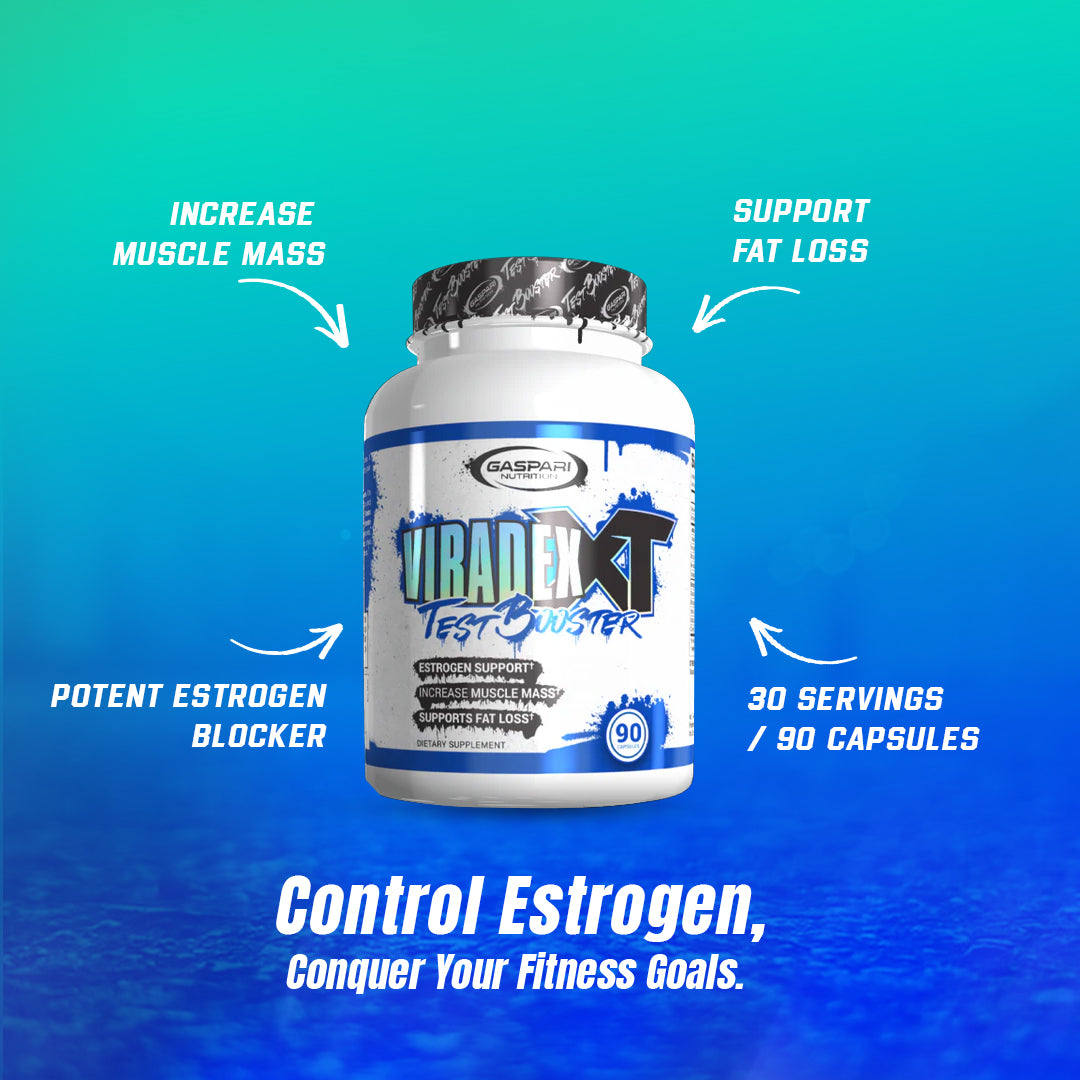 Viradex XT Testosterone Booster by Gaspari Nutrition showcasing bottle design with text highlighting benefits like muscle mass increase and fat loss support.
