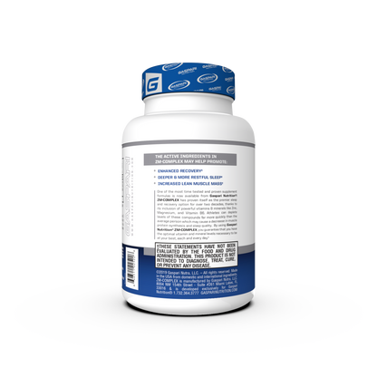 Container of Gaspari Nutrition ZM-COMPLEX dietary supplement for nighttime recovery support, featuring a blue and white design with details about Zinc Magnesium Complex and serving suggestions.