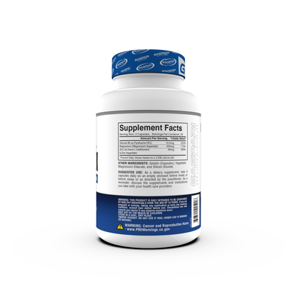 Container of Gaspari Nutrition ZM-COMPLEX dietary supplement for nighttime recovery support, featuring a blue and white design with details about Zinc Magnesium Complex and serving suggestions.