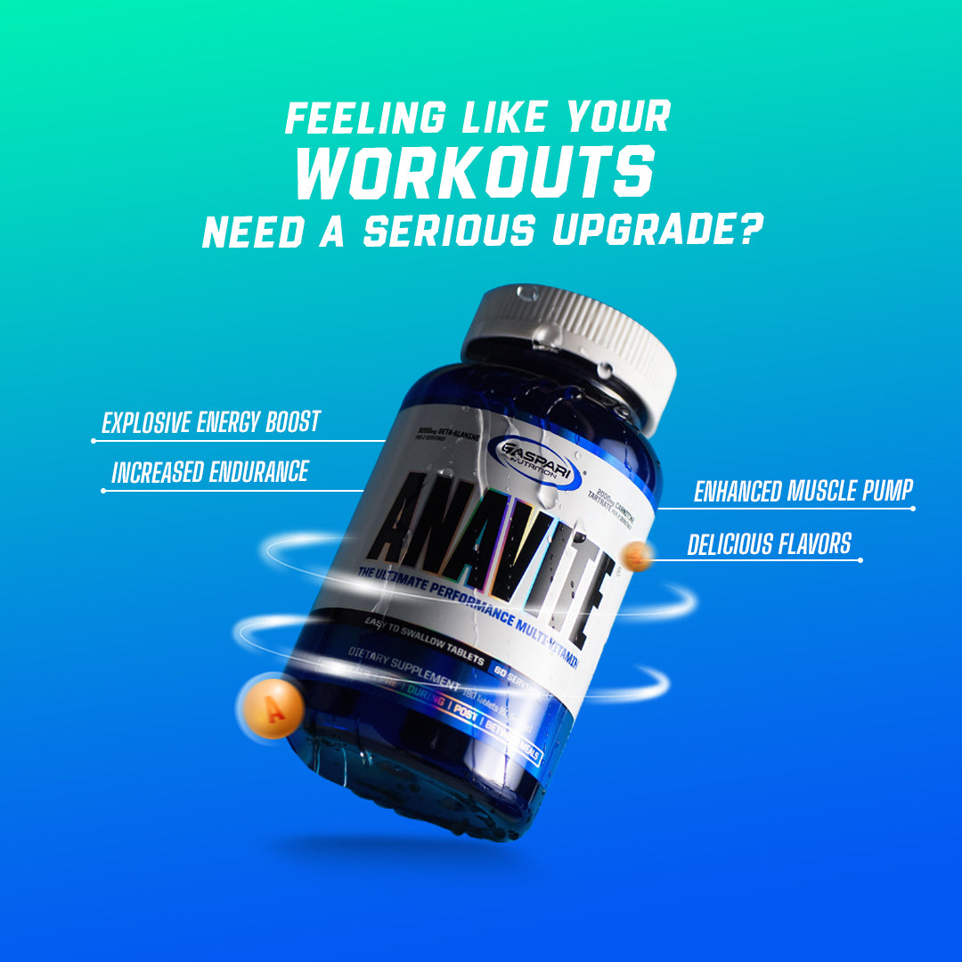 Promotional image for Anavite Tablets, emphasizing explosive energy and increased endurance as part of a sports multivitamin for enhancing workouts.