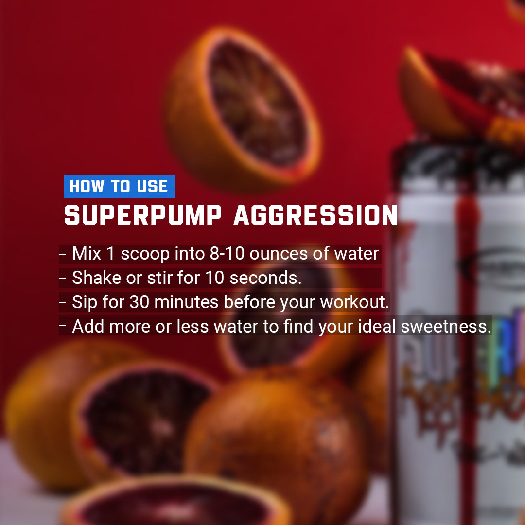 Instructions for using Gaspari Nutrition Super Pump Aggression pre-workout with an image of the product and orange slices.