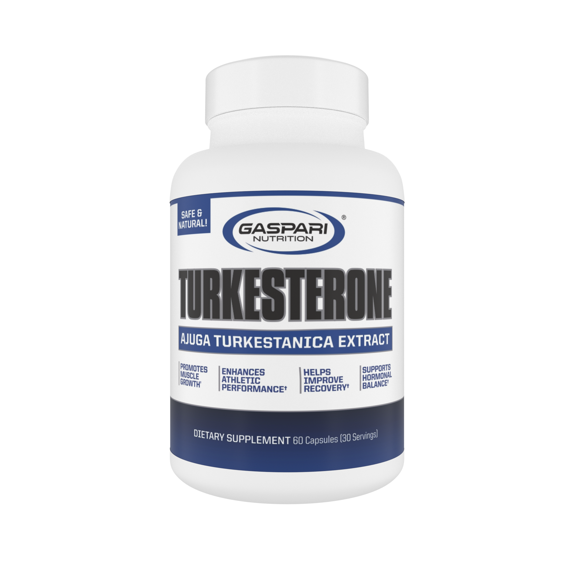 Gaspari Nutrition Turkesterone supplement bottle showcasing Ajuga Turkestanica Extract, promoting muscle growth and athletic performance.
