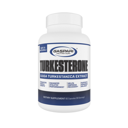 Gaspari Nutrition Turkesterone supplement bottle showcasing Ajuga Turkestanica Extract, promoting muscle growth and athletic performance.
